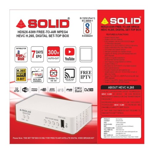 SOLID HDS2X-6309 FREE-TO-AIR MPEG4 HEVC H.265, DIGITAL SET-TOP BOX With Inbuilt Wifi