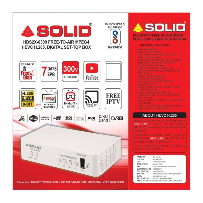 SOLID HDS2X-6309 FREE-TO-AIR MPEG4 HEVC H.265, DIGITAL SET-TOP BOX With Inbuilt Wifi