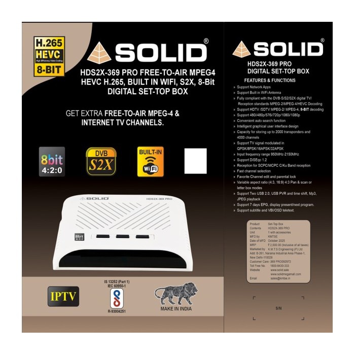SOLID HDS2X-369Pro S2X, HEVC 8bits H.265 Free-To-Air Set-Top Box with Inbuilt Wifi