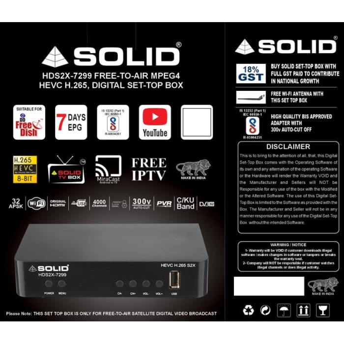 SOLID HDS2X-7299 HEVC 8bits H.265 Free-To-Air Set-Top Box With Free Wi-Fi Dongle