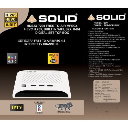 SOLID HDS2X-7290 S2X, HEVC 8bits H.265 Free-To-Air Set-Top Box with Inbuilt Wifi